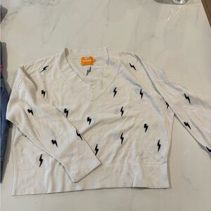 Brodie Cashmere White Sweater with Black Lightning Bolts